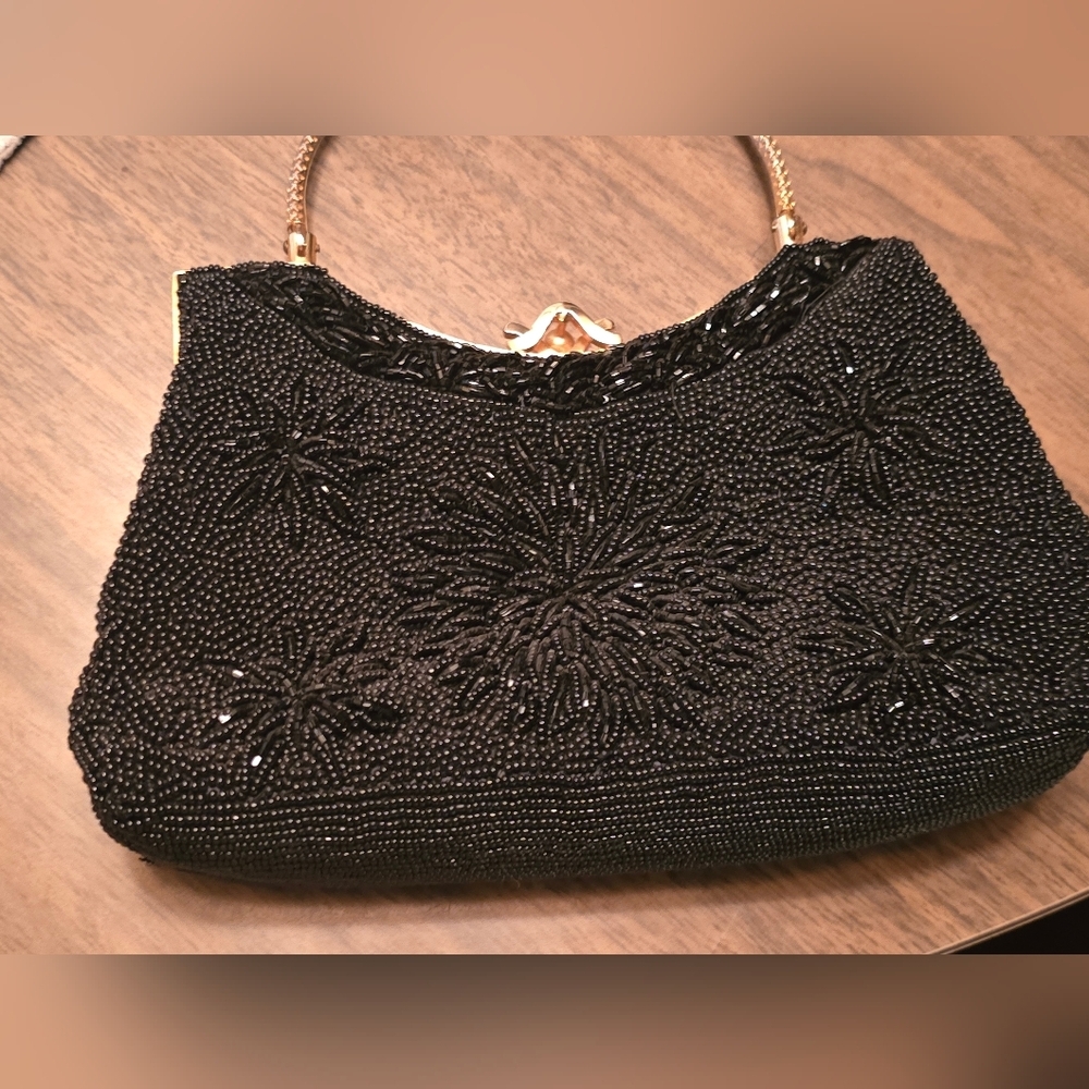 Vintage Black Beaded Clutch with Gold Handle